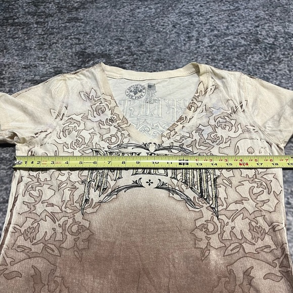 Affliction Live Fast Shirt V-Neck Womens Medium Cream Brown Y2K Grunge - Picture 8 of 11